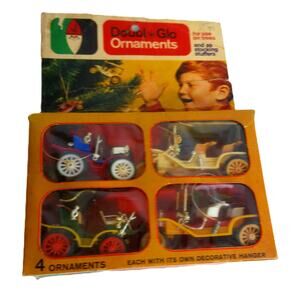 Vintage Doubl-Glo Antique Car Christmas Ornaments Set 4 Plastic Box